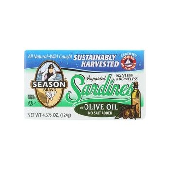 Season Brand Sardines Skinless and Boneless in Olive Oil No Salt Added 4.375 oz case of 12