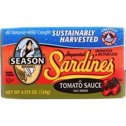 Season Brand Sardines Skinless and Boneless in Tomato Sauce Salt Added 4.375 oz case of 12