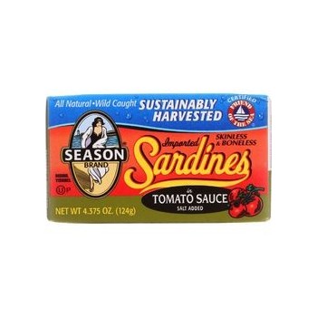 Season Brand Sardines Skinless and Boneless in Tomato Sauce Salt Added 4.375 oz case of 12
